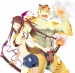 abs anthro athletic biceps bottomwear cigar clothed clothing duo fantasy female flexing fur hair male markings melee_weapon muscular pecs shorts simple_background smoke smoking speedo stripes swimwear sword tail topless warrior weapon white_background tkfkd5362 undertaker felid human mammal pantherine tiger hi_res