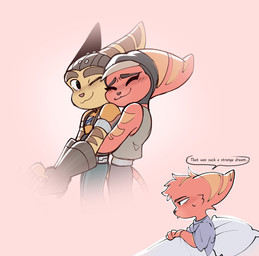 anthro bedding clothing dream duo eyes_closed female fur gloves gun handwear hug hugging_another hugging_from_behind looking_at_another looking_back looking_back_at_another male male/female markings one_eye_closed pillow pink_nose ranged_weapon red_body red_fur ring_(marking) ringed_tail striped_markings striped_tail stripes tail tail_markings thin_tail weapon yellow_body yellow_fur time_fluffy500 ratchet_and_clank sony_corporation sony_interactive_entertainment ratchet_(ratchet_and_clank) widget_(ratchet_and_clank) lombax mammal hi_res