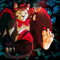 anthro black_body black_fur bow_tie casino claws clothing costume fantasy_species formal_wear fur hat headgear headwear heart_(marking) large_paws male markings multicolored_body multicolored_fur pawpads solo tail top_hat wings el_ganso_iii hazbin_hotel hellaverse husk_(hazbin_hotel) demon domestic_cat felid feline felis mammal pantherine 1:1 red_theme