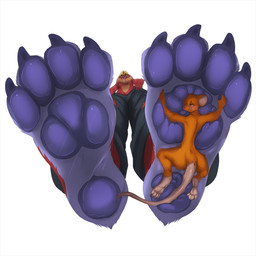 4_toes anthro barefoot black_clothing blonde_hair blue_eyes blush bottomwear brown_body butt claws clothed clothing duo extreme_size_difference feet foot_fetish foot_focus foot_play fur hair hindpaw hug larger_anthro larger_male macro male male/male micro nude orange_body orange_fur pants pawpads paws purple_body purple_eyes purple_pawpads red_body red_fur simple_background size_difference smaller_male soles tail toe_claws toes white_background jazzumi mythology cirez wafflemouse canid canine mammal mouse murid murine mythological_creature mythological_scalie rodent scalie 1:1 digital_media_(artwork) hi_res