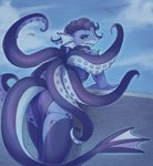 anthro blue_body blue_eyes blue_eyeshadow bottomwear butt clothing cloud eyeshadow gills loincloth looking_at_viewer makeup male piercing pseudo_hair sky solo suckers tail tentacle_hair tentacles flippy1302 leviathan_(malafae) avian bird fish hybrid marine shark absurd_res hi_res