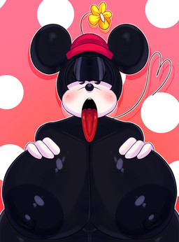 anthro big_breasts black_body black_eyes blush breasts clothing female flower hat headgear headwear huge_breasts plant solo tongue tongue_out rabbit5gamer disney minnie_mouse mammal mouse murid murine rodent hi_res