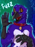 anthro beak collar feathers gesture looking_at_viewer male open_mouth smile solo spider_web talon_hands text text_on_collar waving sleepysluff fuzz_(fuzznud) avian bird corvid corvus_(genus) crow oscine passerine raven 3:4 digital_media_(artwork) hi_res