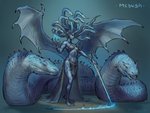 blue_body breasts claws clothed clothing female feral group holding_melee_weapon holding_object holding_sword holding_weapon horn living_hair melee_weapon membrane_(anatomy) membranous_wings navel pseudo_hair simple_background snake_hair sword weapon wings taran_fiddler european_mythology greek_mythology mythology medusa humanoid mammal reptile scalie snake 2020 4:3 digital_media_(artwork) hi_res