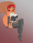 anthro big_breasts blue_eyes boots breasts bustier clothing female footwear fur garter_belt garter_straps gloves hair handwear high_heeled_boots high_heels leggings legwear looking_at_viewer orange_body orange_fur red_hair shoes simple_background solo thigh_boots thigh_highs emoti nabby eurasian_red_squirrel mammal rodent sciurid tree_squirrel digital_media_(artwork)