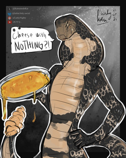 apode black_body cheese countershading dairy_products dialogue food frown hand_on_hip holding_plate legless liquid_cheese looking_at_viewer nude plate serpentine solo speech_bubble tan_body tan_countershading text yellow_eyes katsumodokat cobra draconcopode naga pit_viper rattlesnake reptile scalie snake viper 2025 4:5 absurd_res english_text hi_res