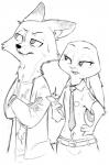 age_difference anthro belt canid canine cellphone ciwi clothed clothing digital_media_(artwork) disney duo electronics female fox hi_res judy_hopps lagomorph leporid male mammal monochrome necktie nick_wilde phone rabbit red_fox simple_background sketch true_fox white_background zootopia
