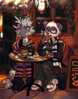 anthro bread cafe clothing croissant duo eyewear food footwear glasses leg_warmers legwear male male/male pastry plushie scarf shoes sitting toeless_footwear toeless_shoes bunnymothmartyr cooper_mordaut liearyn deer domestic_ferret mammal mustelid musteline true_musteline weasel hi_res
