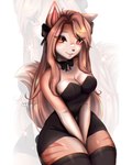 anthro biped black_clothing black_dress black_legwear black_thigh_highs blowup_background blush bow_tie breasts brown_eyes brown_hair cleavage clothed clothing countershade_face countershade_fur countershade_torso countershading dress eyebrow_through_hair eyebrows eyelashes female fur hair legwear long_hair looking_at_viewer markings simple_background solo striped_markings stripes tail thigh_highs translucent translucent_hair vesnyr mammal 2024 4:5 artist_name digital_media_(artwork) hi_res shaded