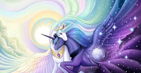 blue_eyes blue_hair cloud crown day duo feathered_wings feathers female feral hair headgear horn long_hair looking_at_viewer moon multicolored_hair night pink_eyes quadruped smile sparkles sun wings yin_yang_symbolism yiuokami friendship_is_magic hasbro my_little_pony mythology princess_celestia_(mlp) princess_luna_(mlp) equid equine mammal mythological_creature mythological_equine winged_unicorn sibling_(lore) sister_(lore) sisters_(lore)