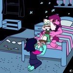 anthro bdsm bed bondage bound feet foot_fetish foot_rub freckles furniture group inside paws restrained restrained_arms restrained_legs tickling trio personatustk deltarune undertale_(series) kris_(deltarune) ralsei susie_(deltarune) bovid caprine goat human mammal reptile scalie 1:1 hi_res