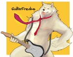 5_fingers anthro controller fingers fur game_controller guitar_controller holding_controller holding_object looking_at_viewer male muscular muscular_anthro muscular_male necktie nude simple_background solo tail tongue tongue_out white_body white_fur maguro canid canine canis mammal wolf