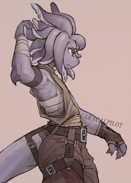 anthro belt belt_buckle bottomwear brown_belt brown_bottomwear brown_clothing brown_gloves brown_handwear brown_pants buckle chest_wraps clothed clothed_anthro clothed_male clothing fingerless_gloves gloves grey_body grey_tail hand_behind_head handwear horizontal_pupils male male_anthro mouth_closed pants pupils purple_eyes side_view simple_background snout tail tan_background tan_clothing tan_shirt tan_topwear text thick_tail topwear wraps caracalpilot iota_(caracalpilot) aquatic bovid caprine cephalopod coleoid decapodiform goat hybrid mammal mollusk squid 2025 absurd_res artist_name hi_res watermark