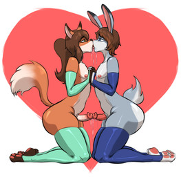 anthro armwear big_butt blue_eyes brown_hair butt clothing curvy_figure duo elbow_gloves femboy femboy/femboy feminine french_kissing friends_with_benefits fur genitals gloves green_eyes hair handwear heart_symbol imminent_urethral_penetration kiss_on_lips kissing kneeling legwear love male male/male mostly_nude multicolored_body multicolored_fur nipples pawpads paws penile penis penis_kissing penises_touching ponytail stockings thigh_highs tips_touching tongue dittochad gabby_summers_(oc) hypno_ashe_(oc) canid canine fox lagomorph leporid mammal rabbit hi_res