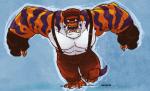 4_toes abs angry anthro barefoot beret biceps big_muscles biped blue_background bottomwear claws clothed clothing fangs feet fingerless_gloves front_view gloves grey_claws handwear hat headgear headwear looking_at_viewer male muscular muscular_anthro muscular_male open_mouth orange_body pants pecs purple_body purple_stripes purple_tail purple_tongue red_eyes simple_background solo standing striped_body stripes suspenders tail teeth toe_claws toes tongue topless white_body yellow_sclera kilojara monster 2013 signature