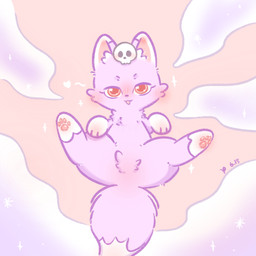 ambiguous_gender chibi cloud feral fur open_mouth pawpads paws purple_body purple_fur red_eyes simple_background smile solo young young_feral xiaoyee_moon asian_mythology chinese_mythology east_asian_mythology fabulous_beasts fenz_(studio) mythology purple_fox_(fabulous_beasts) canid canine fox mammal 1:1 hi_res female_(lore)