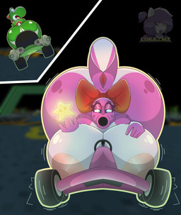 anthro big_breasts big_butt breasts butt car duo female green_body hair hair_bun male multicolored_body pink_body simple_background star_(mario_bros) tail thick_thighs vehicle lukazmx mario_bros mario_kart nintendo birdo dinosaur prehistoric_species reptile scalie yoshi absurd_res hi_res monochrome pink_and_white
