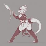 anthro armwear bottomwear breasts bridal_gauntlets butt clothing female grey_background legwear loincloth melee_weapon non-mammal_breasts polearm simple_background solo spear stockings tail weapon shycryptid leska kobold scalie hi_res