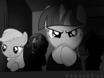 clapping female group horn parody scene_parody paragonaj citizen_kane friendship_is_magic hasbro my_little_pony mythology applejack_(mlp) rarity_(mlp) twilight_sparkle_(mlp) equid equine horse mammal mythological_creature mythological_equine pony unicorn 4:3 animated animated_gif monochrome short_playtime