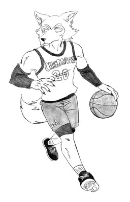 anthro arms_by_side ball basketball basketball_(ball) basketball_uniform clothing shirt simple_background slim solo sportswear standing tail topwear uniform white_clothing white_shirt white_topwear efradraws beastars legoshi_(beastars) canid canine canis mammal wolf absurd_res concept_art graphite_(artwork) hi_res monochrome sketch traditional_media_(artwork)
