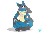 anthro blush crossed_legs duo looking_away male male/male on_lap sitting sitting_on_lap size_difference epicbunbun nintendo pokemon generation_4_pokemon lucario pokemon_(species) riolu 4:3 absurd_res hi_res