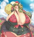 anthro areola areola_slip artist_logo belly between_breasts big_breasts blush bovid bovine breasts building cattle clothing cloud curvy_figure day female food fruit green_clothing green_hair hair hi_res holding_food holding_fruit holding_melon holding_object holding_watermelon horn house huge_breasts hyper hyper_breasts logo looking_at_viewer mammal melon open_mouth outside overweight overweight_female plant sasanoha6011 sky smile solo tail thick_thighs voluptuous watermelon watermelon_print white_horn wide_hips