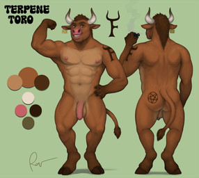 abs anthro areola balls biceps blowing_smoke butt ear_piercing ear_tag flaccid flexing flexing_bicep foreskin fur genitals hair holding_object hooves horn humanoid_genitalia humanoid_penis looking_at_viewer male muscular muscular_anthro muscular_male nipples nude occult_symbol partially_retracted_foreskin pecs penis pentagram piercing rear_view simple_background smile smoke smoking solo standing symbol tail teeth text vape rov bovid bovine cattle mammal digital_media_(artwork) hi_res model_sheet