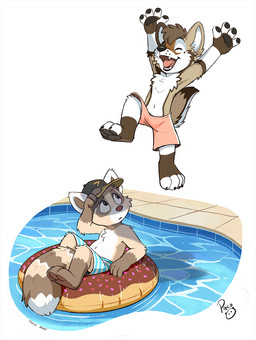 anthro arm_tuft black_clothing black_hat black_headwear blue_clothing blue_swimming_trunks blue_swimwear boxers_(clothing) brown_body brown_fur brown_hair cheek_tuft chest_tuft clothed clothing duo elbow_tuft facial_tuft fangs fur hair happy hat headgear headwear jumping knee_tuft leg_tuft logo male markings mouth_closed navel open_mouth open_smile reclining red_clothing red_swimming_trunks red_swimwear red_tongue short_hair shoulder_tuft smile striped_markings striped_swimming_trunks striped_tail stripes swimming_pool swimming_trunks swimwear tail tail_markings tan_body tan_fur teeth tongue topless tuft underwear water white_body white_clothing white_fur white_swimming_trunks white_swimwear young young_anthro young_male pandapaco bear canid canine giant_panda mammal artist_logo hi_res signature