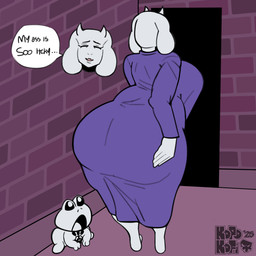 ambiguous_gender anthro big_breasts big_butt breasts butt clothing duo ellipsis eyes_closed female feral floppy_ears horn huge_butt open_mouth profanity robe shocked speech_bubble text white_body kopokofiart undertale_(series) toriel boss_monster_(undertale) bovid caprine froggit goat mammal absurd_res english_text hi_res