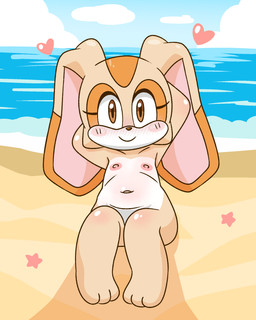 anthro beach blush brown_eyes dipstick_ears ear_markings feet female hands_behind_head heart_symbol loli looking_at_viewer multicolored_body multicolored_ears navel nipples nude sitting smile solo two_tone_body young young_anthro young_female surjang sega sonic_the_hedgehog_(series) cream_the_rabbit lagomorph leporid mammal rabbit 4:5 absurd_res hi_res