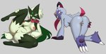 absurd_res all_fours anthro anus areola arm_tuft big_breasts big_butt breasts butt censored chest_gem claws crotch_tuft duo eyelashes female flowerpigeon73 forehead_gem front_view fur gem generation_8_pokemon generation_9_pokemon genitals green_body green_fur grey_background grey_body grey_fur hi_res ineffective_censorship looking_at_viewer looking_back lying mask meowscarada navel nintendo nipples nude on_side pawpads pink_areola pink_eyes pink_nipples pokemon pokemon_(species) pupils purple_body purple_claws purple_fur pussy raised_leg rear_view red_eyes shoulder_tuft simple_background slit_pupils sneasler spread_legs spreading thick_thighs tuft white_claws wide_hips