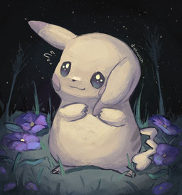 anthro bodily_fluids featureless_crotch female flower grass grey_body markings plant sky solo star starry_sky striped_markings stripes sweat sweatdrop tail dietranch nintendo pokemon pokemon_pokopia peakychu generation_1_pokemon mammal pikachu pokemon_(species) rodent 2025 hi_res signature