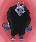 anthro black_sclera cloak clothed clothing facial_markings flip_flops footwear head_markings holding_object male markings pointy_ears poncho prick_ears red_eyes sandals shoes simple_background solo standing teeth keeperaft dreamworks puss_in_boots_(franchise) death_(puss_in_boots) canid canine canis mammal wolf