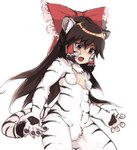 alternate_species breasts brown_hair female fingerpads fur hair human_to_anthro inner_ear_fluff long_hair low-angle_view mid_transformation navel nipples nude open_mouth pawpads simple_background solo species_transformation striped_body stripes transformation tuft white_background white_body white_fur toribako touhou reimu_hakurei felid human mammal 2022 hi_res