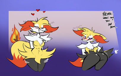 anthro big_butt black_body black_fur blush breasts butt dialogue featureless_breasts female fire fluffy fluffy_tail fur heart_symbol multicolored_body multicolored_fur nude nude_anthro nude_female object_in_tail orange_body orange_fur purple_eyes solo stick stick_in_tail tail text white_body white_fur yellow_body yellow_fur davidthewolfx10 nintendo pokemon reyna_(davidthewolfx10) braixen generation_6_pokemon pokemon_(species) 2026 english_text hi_res