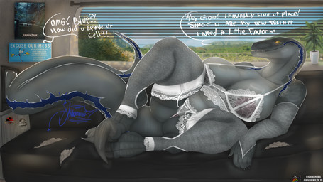 anthro anus belly big_breasts big_butt breasts butt claws clothing damaged_furniture dialogue electronics female furniture genitals larger_female leaf lingerie long_tail lying on_side orange_eyes park plant poster presenting presenting_anus presenting_vulva raised_leg size_difference slightly_chubby slightly_chubby_female solo speech_bubble spots spread_legs spreading sticker stripes tail teasing television thick_thighs vulva wide_hips window giovannilol19 jurassic_park jurassic_world universal_studios blue_(jurassic_world) dinosaur dromaeosaurid prehistoric_species reptile saurischian scalie theropod velociraptor hi_res