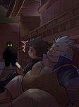 anthro belly blue_hair brown_body brown_fur caught_in_the_act fur glowing glowing_eyes group hair male male/male overweight trio tusks rorondo4 lifewonders tokyo_afterschool_summoners chubby_protagonist_(tas) ganglie_(tas) motosumi_(tas) protagonist_(tas) human mammal suid suina sus_(pig) wild_boar 3:4