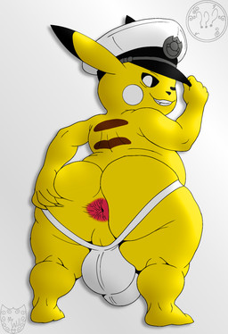 anthro anus backsack balls black_sclera bulge bulge_from_behind butt clothing ear_markings genitals hat headgear headwear jockstrap looking_at_viewer looking_back male mask peaked_cap pivoted_ears seductive smile solo spread_anus spread_butt spread_legs spreading tailless underwear wearing_mask white_clothing cptwill64_(artist) nintendo pokemon generation_1_pokemon pikachu pokemon_(species) hi_res