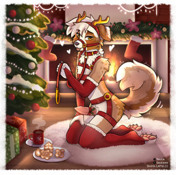 anthro bdsm bondage bound cheek_tuft christmas_clothing christmas_decorations christmas_headwear christmas_lights christmas_present christmas_tree clothing collar facial_tuft fake_horns femboy fluffy fluffy_chest fluffy_tail genitals gift harness headgear headwear holidays horn kneeling knot knotted_penis leash leashed_collar legwear male neck_tuft pawpads paws penis plant smile smiling_at_viewer solo stockings tail tongue tongue_out tree tuft shtein christmas australian_shepherd canid canine canis domestic_dog herding_dog mammal pastoral_dog sheepdog hi_res