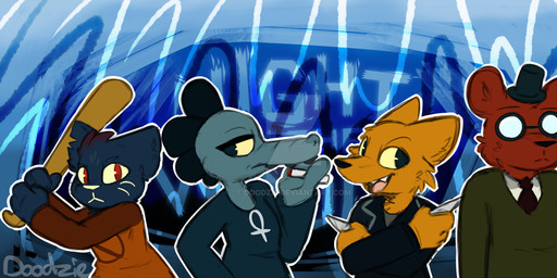 anthro cigarette clothed clothing eyewear female glasses group hat headgear headwear knife male smoking teeth weapon whiskers fnafdoodle night_in_the_woods angus_delaney bea_santello gregg_lee mae_borowski bat bear canid canine crocodile crocodilian domestic_cat felid feline felis fox mammal reptile scalie