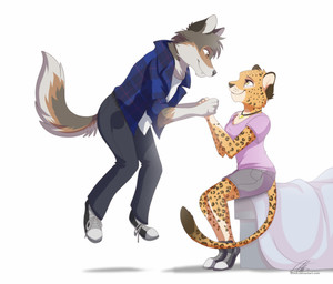 5_fingers anthro brown_eyes clothed clothing female fingers fur grey_body grey_fur jewelry levitating male markings necklace orange_body orange_fur simple_background smile spots spotted_body spotted_fur tan_eyes white_background dvixie canid canine canis felid leopard mammal northwestern_wolf pantherine wolf 2018 digital_media_(artwork) unavailable_at_source