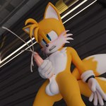 anthro balls blush bodily_fluids cum cumshot ejaculation erection genital_fluids genitals glans hand_on_penis looking_pleasured low-angle_view male masturbation penis solo standing twintails3d sega sonic_the_hedgehog_(series) miles_prower canid canine fox mammal 1:1 3d_(artwork) digital_media_(artwork) hi_res