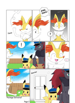 anthro black_body black_fur blush claws dialogue fur male note open_mouth package smile solo text tongue yellow_body yellow_fur winick-lim nintendo pokemon braixen canid canine generation_1_pokemon generation_5_pokemon generation_6_pokemon mammal pikachu pokemon_(species) rodent zoroark 2015 comic english_text hi_res pictographics