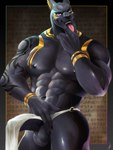 2021 3:4 abs absurd_res anthro anubian_jackal anubis balls barely_contained biceps big_muscles black_balls black_body black_fur black_markings black_nipples black_penis blush bodily_fluids bottomwear canid canine canis clothed clothing cunnilingus_gesture deity deltoids detailed_background digital_media_(artwork) egyptian_mythology erection fur genitals gesture gold_markings hi_res humanoid_genitalia humanoid_hands humanoid_penis ig1119 jackal loincloth looking_at_viewer male mammal markings middle_eastern_mythology muscular muscular_anthro muscular_male mythology navel nipples obliques open_mouth open_smile partially_clothed pecs penis pink_eyes pink_tongue shaded sharp_teeth smile solo suggestive suggestive_gesture sweat teeth tongue tongue_out topless topless_anthro topless_male white_bottomwear white_clothing