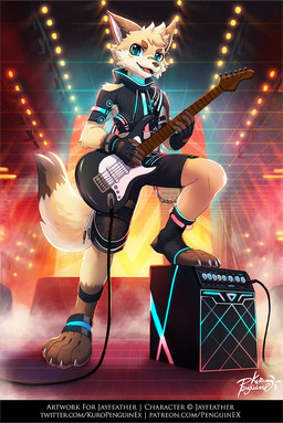 4_toes amplifier anthro black_bottomwear black_clothing black_gloves black_handwear black_shorts black_topwear blonde_hair blue_eyes bottomwear brown_body brown_ears brown_fur brown_tail brown_toes cheek_tuft claws clothed clothing dipstick_tail electric_guitar facial_tuft feet front_view fur glistening glistening_eyes gloves guitar hair handwear head_tuft looking_at_viewer male markings musical_instrument open_mouth pawpads paws pink_pawpads plantigrade plucked_string_instrument red_tongue shorts smoke solo standing stirrup_footwear string_instrument tail tail_markings text toes tongue topwear tuft white_body white_fur yellow_body yellow_fur penguinexperience juncos_(jayfeath3r) canid canine fox mammal english_text full-length_portrait hi_res portrait signature url