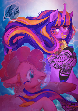 armlet duo female feral horn jewelry necklace piercing smile tattoo wings sleepingyels friendship_is_magic hasbro my_little_pony mythology pinkie_pie_(mlp) twilight_sparkle_(mlp) earth_pony equid equine horse mammal mythological_creature mythological_equine pony winged_unicorn hi_res