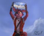 anthro arms_above_head biped buckle clothed clothing container dirt eye_patch eyewear front_view fur holding_object jar machine magic_lamp male open_mouth outside pirate raised_arm sharp_teeth sky skyscape smile solo standing teeth text tongue diadorin disney five_nights_at_freddy's konami metal_gear pirates_of_the_caribbean scottgames foxy_(fnaf) animatronic canid canine fox mammal robot crossover digital_media_(artwork) english_text half-length_portrait portrait