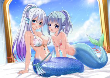 age_difference bed big_breasts blue_eyes blush bottomless bra bra_only breasts clothed clothing container duo ear_fins female fin fingers flat_chested furniture hair holding_object inside light_body light_skin long_hair navel on_bed open_mouth seashell_bra smile split_form swimwear underwear underwear_only young uxbd2az93g42071 aquatic humanoid_merfolk merfolk hi_res