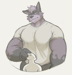 anthro big_pecs bodily_fluids clothed clothing duo fur hair larger_male looking_down male muscular muscular_anthro muscular_male pecs purple_body purple_fur purple_hair size_difference sweat sizable_danger anon rygel_(rygel_spkb) human mammal procyonid raccoon absurd_res hi_res