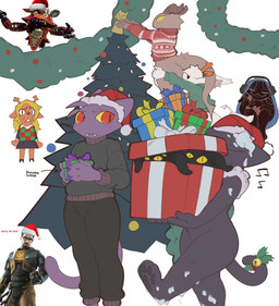 4_fingers 4_toes 5_fingers accessory ambiguous_gender anthro anthro_on_anthro antlers armor beard big_butt big_horn black_bottomwear black_clothing black_eyes black_hooves black_pants black_pawpads black_skirt black_sweater black_tail black_topwear blonde_hair blush bodily_fluids bottomless bottomless_anthro bottomless_male bottomwear brown_antlers brown_hair buckteeth butt carrying_another checkered checkered_clothing checkered_shirt checkered_topwear cheek_tuft christmas_clothing christmas_decorations christmas_headwear christmas_sweater christmas_topwear christmas_tree christmas_wreath clothed clothing cloven_hooves cookie curled_horn curvy_figure cute_fangs eating_cookie electronics eyewear face_on_butt facial_hair facial_tuft fangs featureless_crotch feet female femboy fingers food freckles fully_clothed fur furgonomics genitals gift glasses green_clothing green_sweater green_topwear grey_body grey_fur grey_horn grey_tail hair hand_on_hip hat head_tuft headgear headphones headwear holding_another holding_gift holding_object holidays hooves horn light_body light_skin long_tail machine male multicolored_clothing multicolored_shirt multicolored_topwear musical_note musical_symbol nervous nervous_sweat nude one_eye_closed open_mouth pants pattern_clothing pattern_shirt pattern_topwear pawpads plant pupils purple_body purple_fur purple_tail red_eyes red_nose ribbons ringed_eyes santa_hat shirt simple_background sitting skirt slit_pupils smile snow_on_body spade_tail spiral spiral_eyes sweat sweatdrop sweater symbol tail tail_accessory tail_ribbon teeth tentacles text thick_thighs toes topwear tree tuft white_background white_body white_fur white_pupils white_sclera white_tail wide_hips yellow_sclera k1ko christmas deltarune five_nights_at_freddy's half-life scottgames undertale_(series) valve eki_(k1ko) foggy_(k1ko) foxy_(fnaf) gordon_freeman javi_(k1ko) k1ko_(character) noelle_holiday animatronic deer demon domestic_cat felid feline felis human mammal new_world_deer reindeer robot tentacle_creature 2025 absurd_res colored dated digital_drawing_(artwork) digital_media_(artwork) english_text hi_res meme shaded